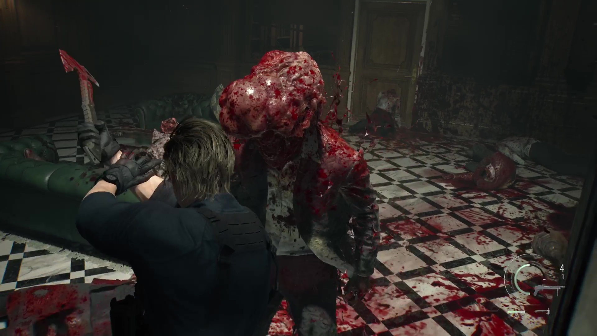 Resident Evil Requiem review screenshot of Leon fighting a Blisterhead