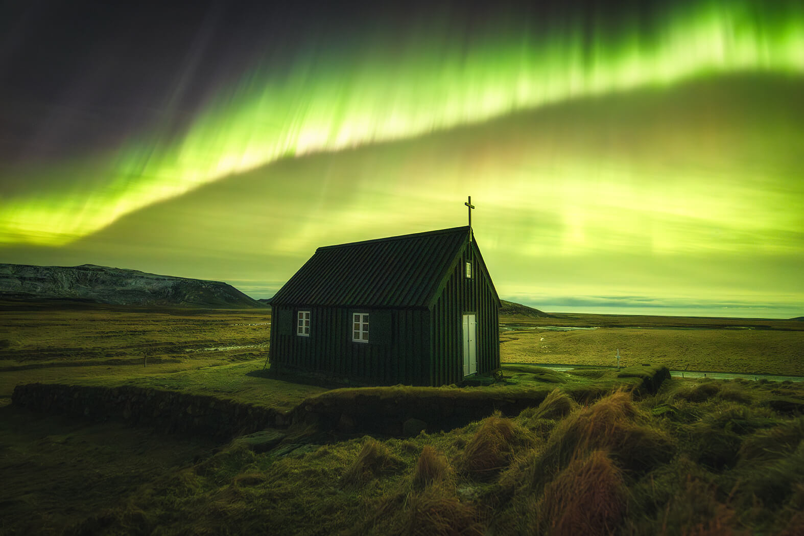 Church under Northern Lights.