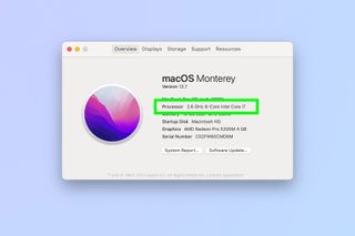 A screenshot showing how to find out a Mac's CPU