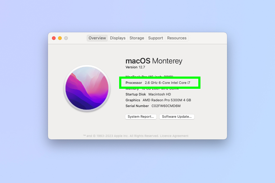 A screenshot showing how to find out a Mac's CPU