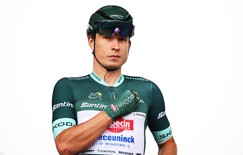 VALENCIENNES, FRANCE - JULY 07: Jasper Philipsen of Belgium and Team Alpecin - Deceuninck - Green Sprint Jersey prior to the 112th Tour de France, Stage 3 a 178.3km stage from Valenciennes to Dunkerque / #UCIWT / on July 07, 2025 in Valenciennes, France. (Photo by Dario Belingheri/Getty Images)