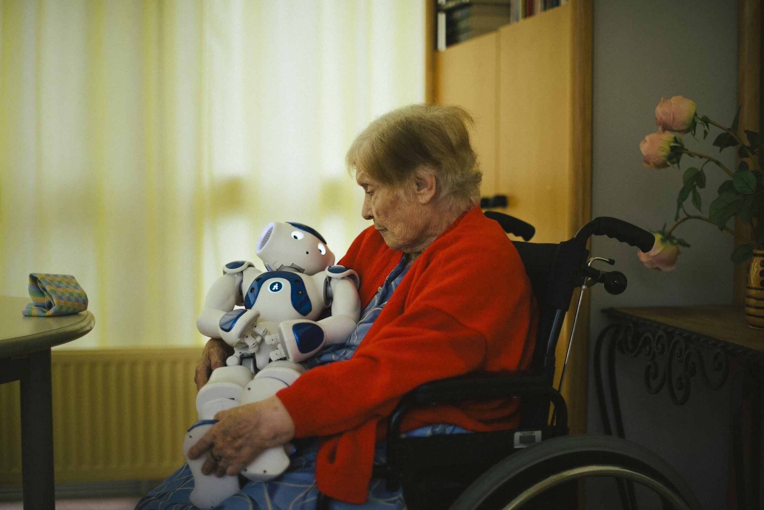Elderly woman sat in wheelchair cradles robot like a baby.