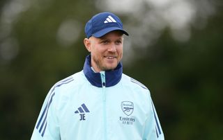 LONDON COLNEY, ENGLAND - OCTOBER 08: Jonas Eidevall, Head Coach of Arsenal looks on during a Training Session at Sobha Realty Training Centre on October 08, 2024 in London Colney, England. (Photo by Alex Burstow/Arsenal FC via Getty Images)