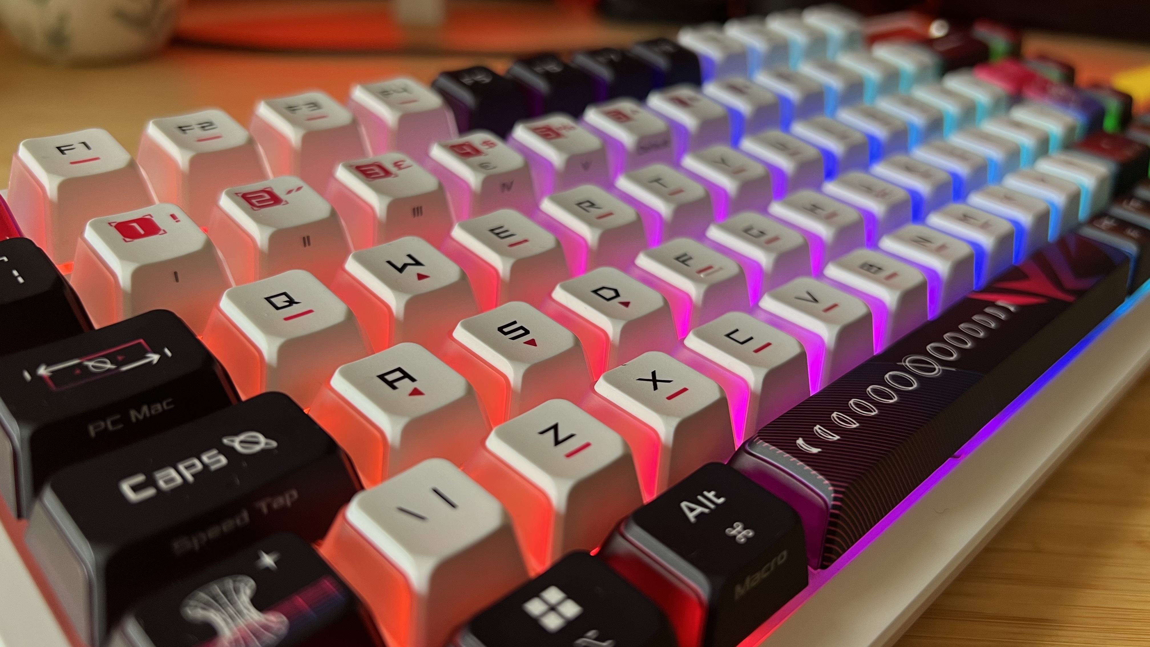 Close up of pudding keycaps on Asus ROG Azoth X gaming keyboard