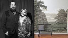 a split screen with erin and ben napier on the left and their wallpaper collection with wayfair on the right