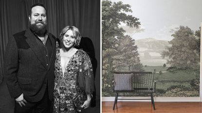 a split screen with erin and ben napier on the left and their wallpaper collection with wayfair on the right