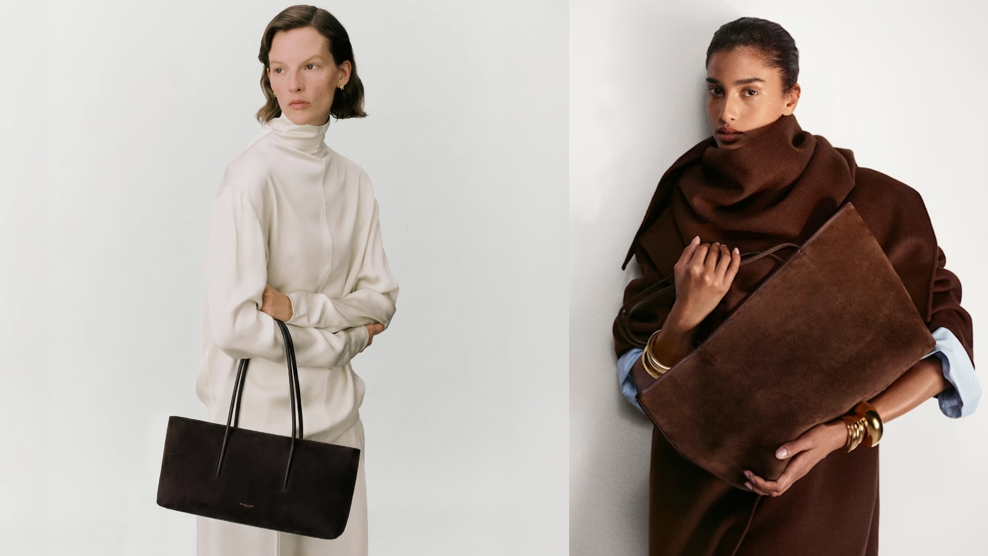 two models side by side, from Demellier London and Sezane, holding suede hangbags in brown