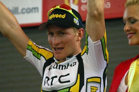 Stage winner Andr&eacute; Greipel (Columbia-HTC) celebrates on the podium.