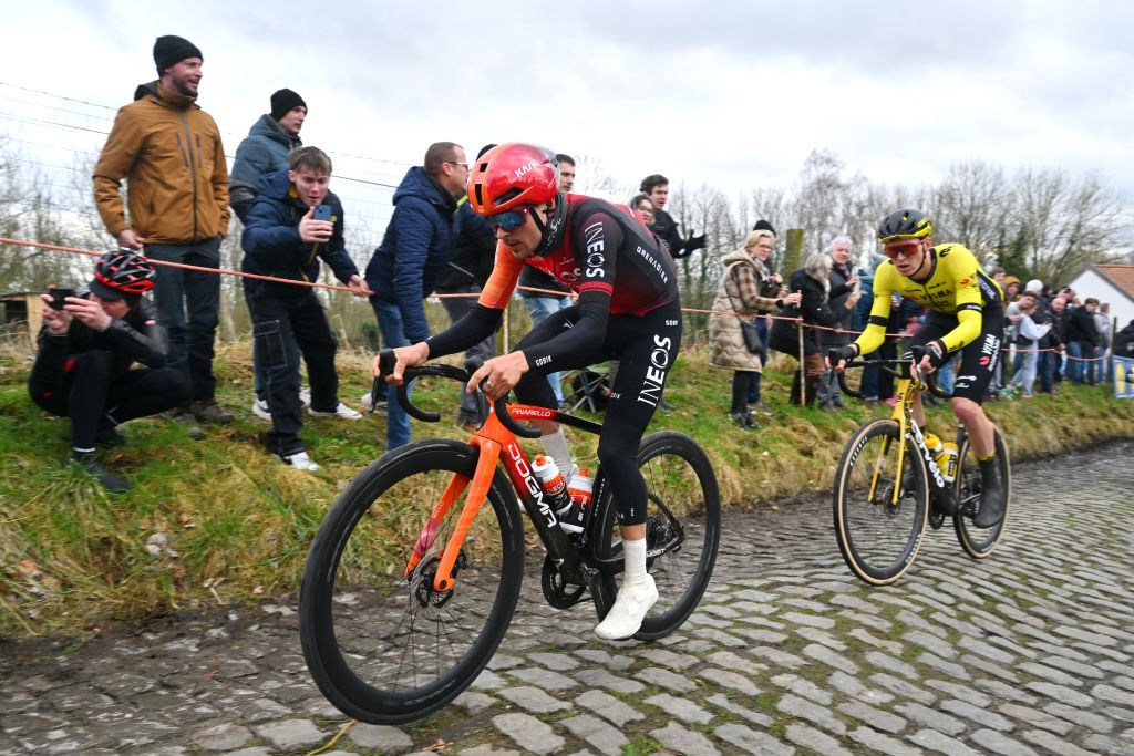 NINOVE BELGIUM FEBRUARY 24 LR Thomas Pidcock of Great Britain and Team INEOS Grenadiers and Matteo Jorgenson of The United States and Team Visma Lease A Bike compete in the breakaway during the 79th Omloop Het Nieuwsblad 2024 Mens Elite a 2022km one day race from Ghent to Ninove UCIWT on February 24 2024 in Ninove Belgium Photo by Luc ClaessenGetty Images