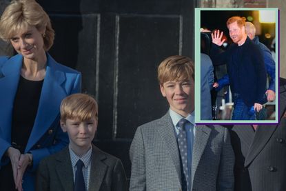 Elizabeth Debicki, Will Powell, Senan West, Dominic West on set in The Crown Season 5 and drop in of Prince Harry waving