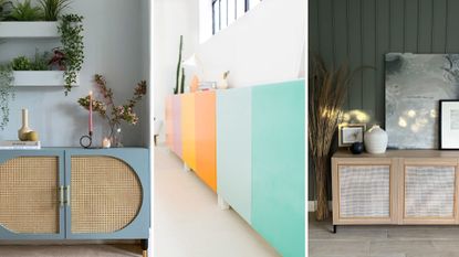 Compilation of three of the best IKEA Besta hacks including sideboard with rattan, colorful storage and can fronted cabinet