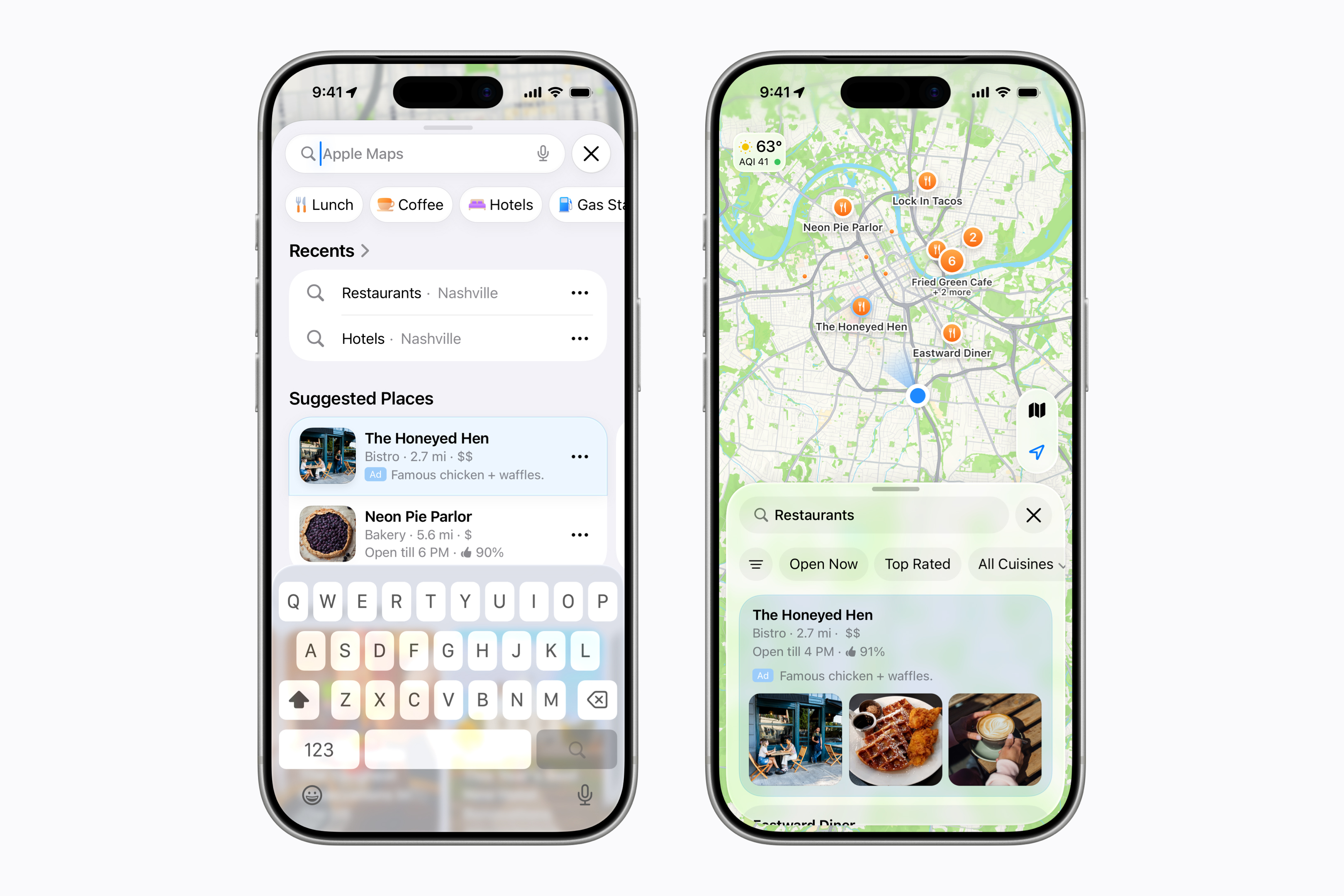 Apple Business suite features pictured on Apple Maps on a iPhone screen.