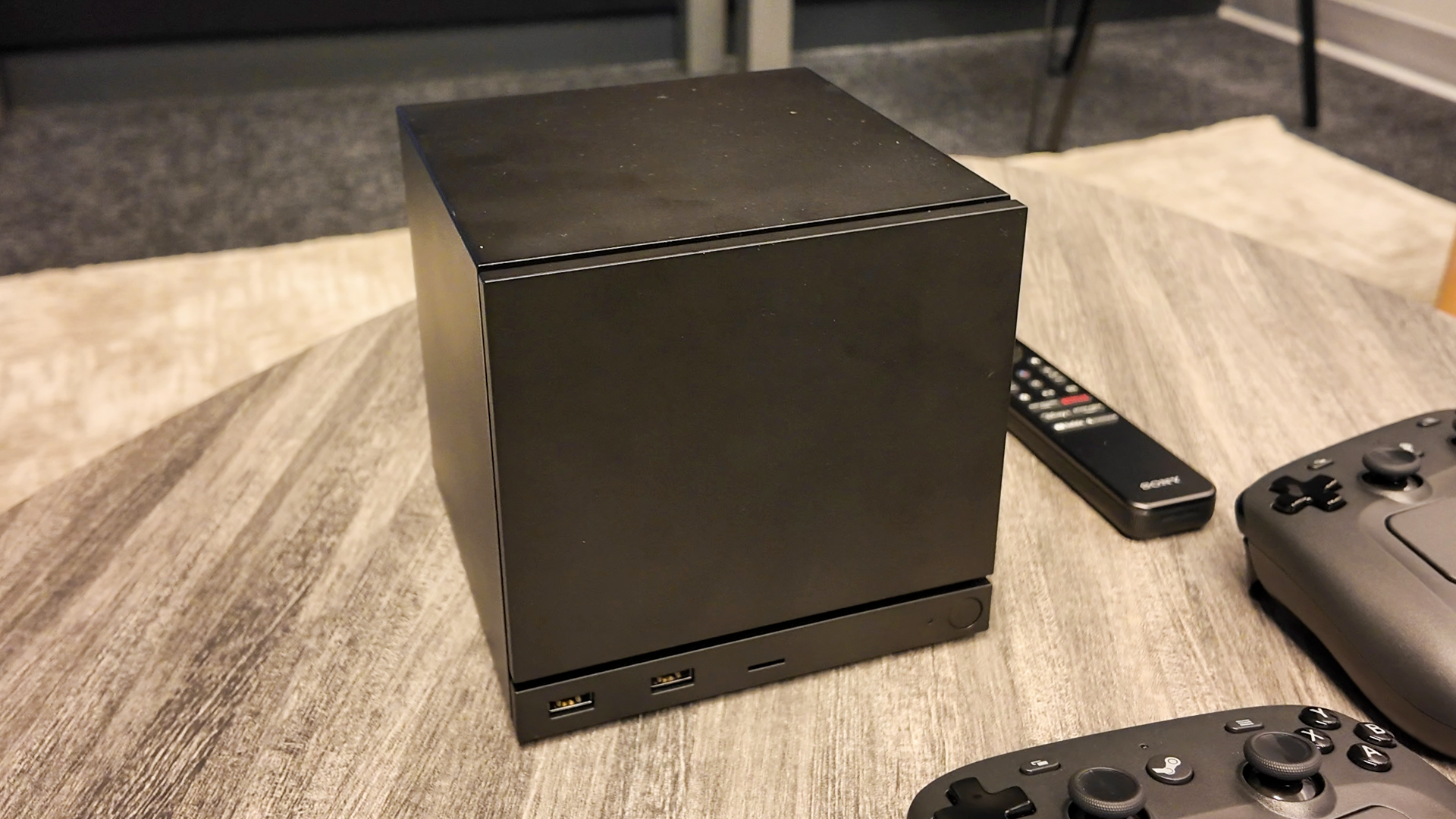 Valve&#039;s new Steam Machine during a visit to Valve HQ in Bellevue, Washington. The Steam Machine is a compact living room gaming PC.
