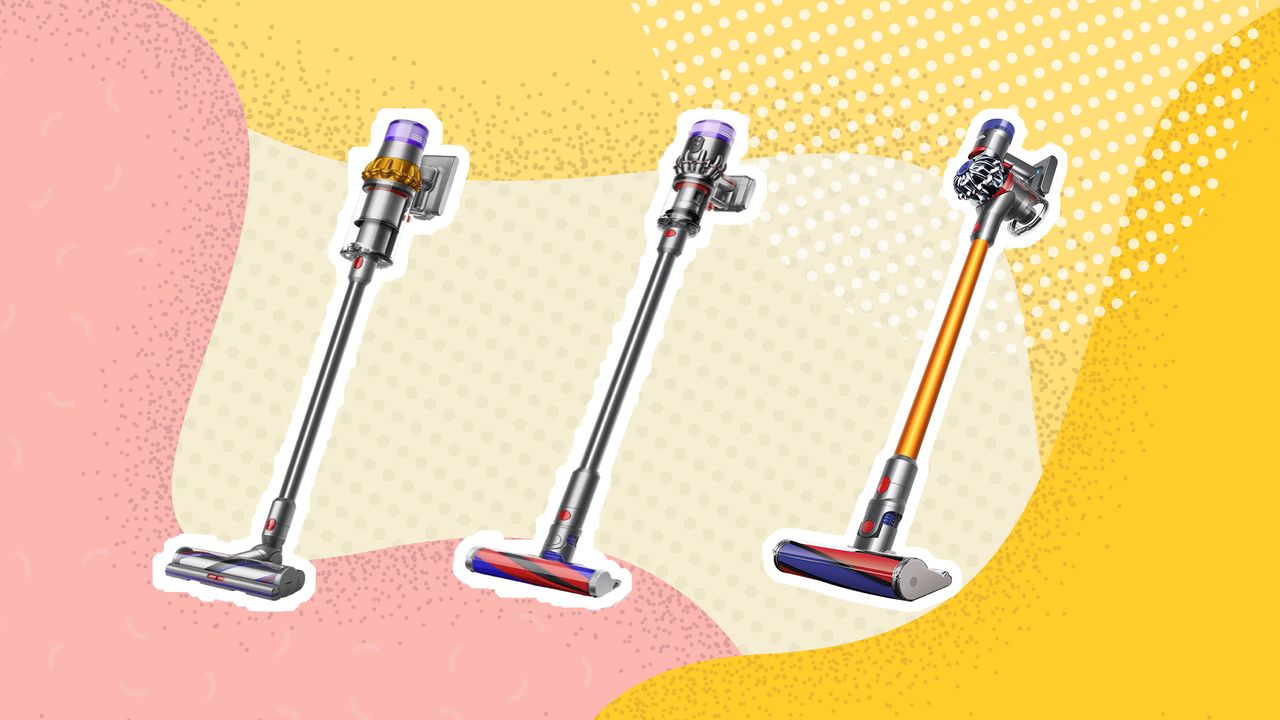 Image of three of the best Dyson cordless vacuums on graphic background