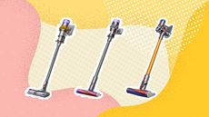 Image of three of the best Dyson cordless vacuums on graphic background