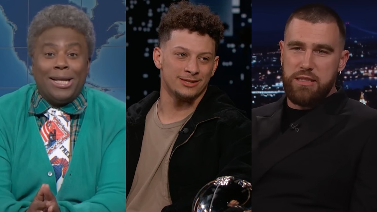 From L to R: Kenan Thompson as Michael Che's neighbor Willie on Weekend Update on SNL, Patrick Mahomes on Jimmy Kimmel Live!, Travis Kelce on The Tonight Show Starring Jimmy Fallon.
