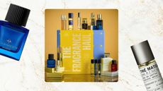 Image of the Selfridges 12-day Fragrance Advent Calendar 2026 on a white background with gold glitter, Thameen and Le Labo perfume bottles