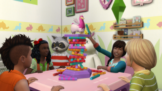 The Sims 4 - four children sit around an activity table at a daycare small business