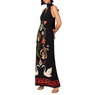 Kitri Jacquetta Black Cygnus And Lyra Print Halterneck Maxi Dress