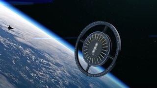 A visualization of the orbiting Von Braun Rotating Space Station which will support scientific experiments but also function as a "space hotel" for tourists. 