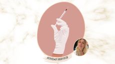 a marble backdrop with an illustration of a gloved hand holding a syringe on a pink backdrop beside an image of beauty editor Fiona McKim
