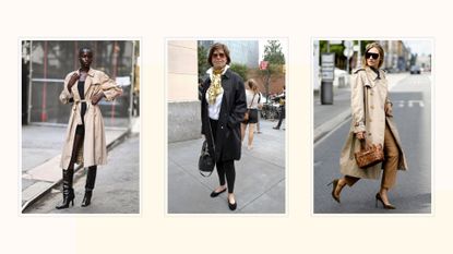 three women wearing Burberry trench coats