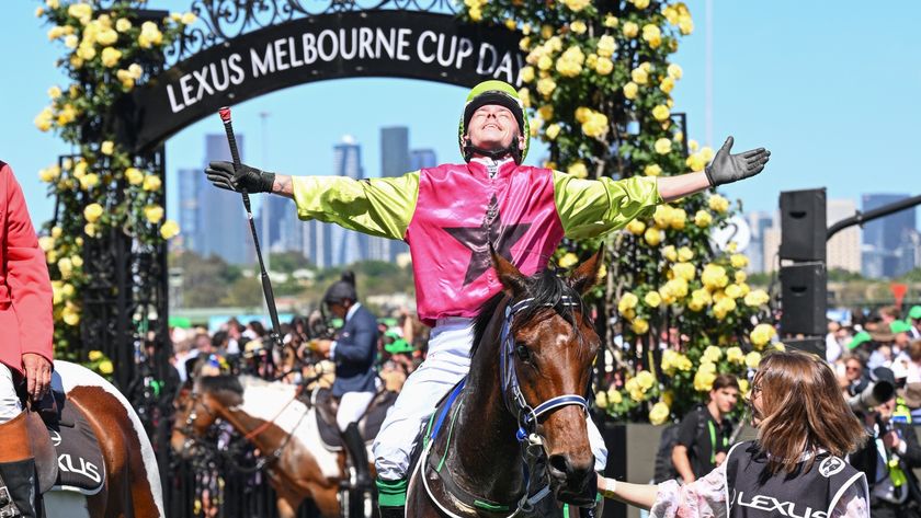 Robbie Dolan milking the applause at Flemington Racecourse after riding Knight&#039;s Choice to victory in the Melbourne Cup in 2024