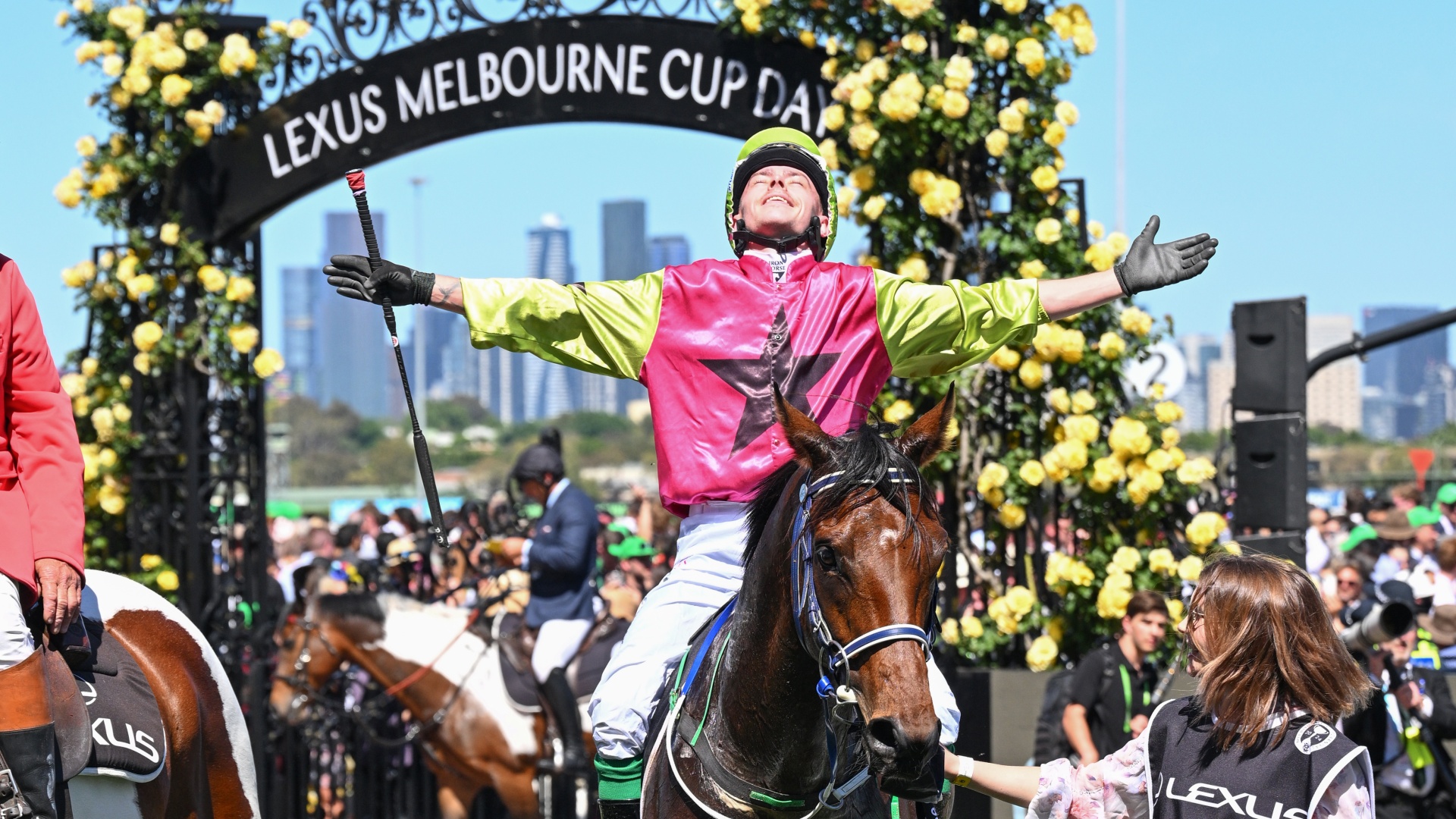 Robbie Dolan milking the applause at Flemington Racecourse after riding Knight&#039;s Choice to victory in the Melbourne Cup in 2024
