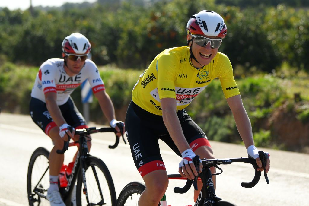 VALENCIA SPAIN FEBRUARY 09 Tadej Pogacar of Slovenia and UAE Team Emirates Yellow Leader Jersey during the 71st Volta a la Comunitat Valenciana 2020 Stage 5 a 977km stage from Paterna Valencia VueltaCV VCV2020 on February 09 2020 in Valencia Spain Photo by David RamosGetty Images