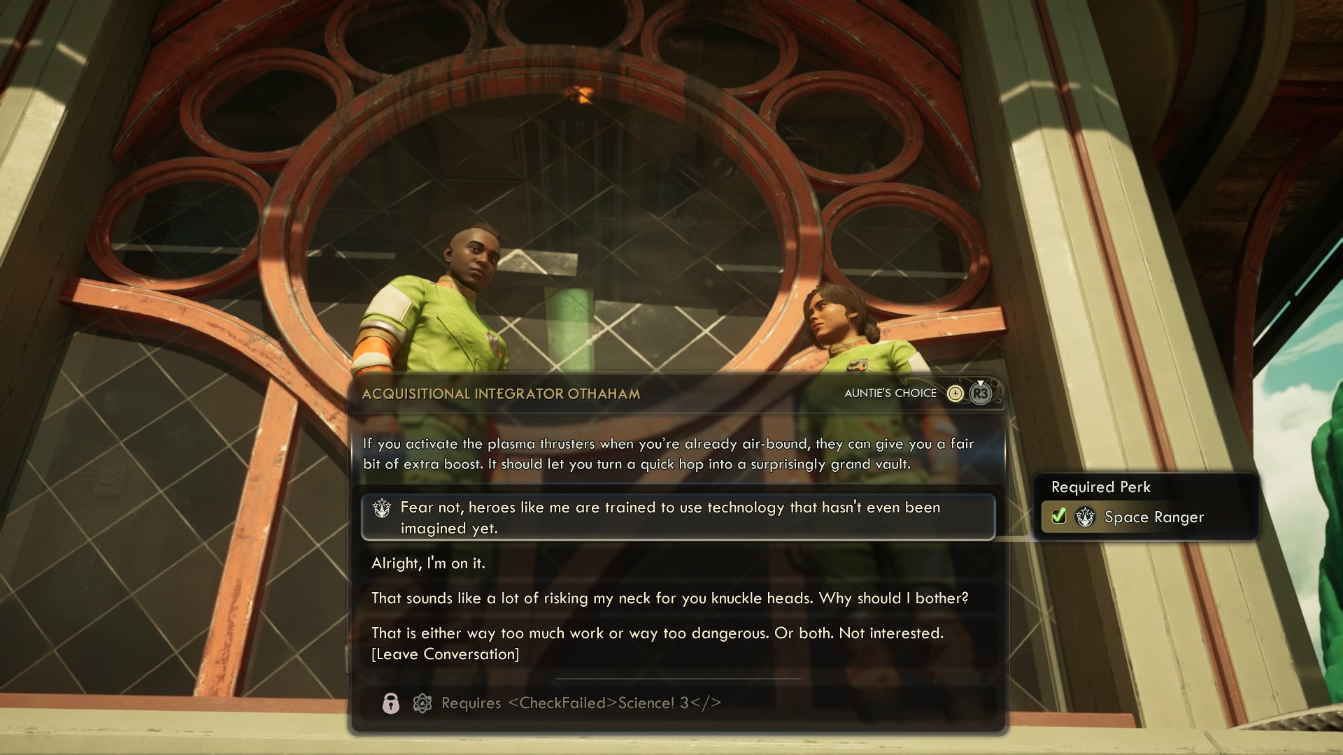 The Outer Worlds 2 screenshot showing dialogue options open to the player who has chosen the space ranger perk, but can&#039;t choose the dialogue that requires a science check