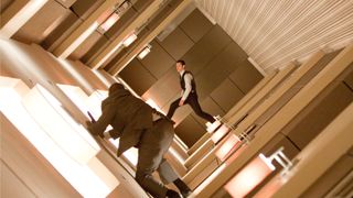 Joseph Gordon-Levitt fights in a revolving corridor in a scene from "Inception"