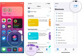 Create folders for Shortcuts, showing how to open Shortcuts, then tap My Shortcuts, then tap the create folder button
