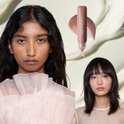 Three models with moisturized skin and lips. There is a moisturizer swatch behind them as well as two hydrating lip products for chapped lips.