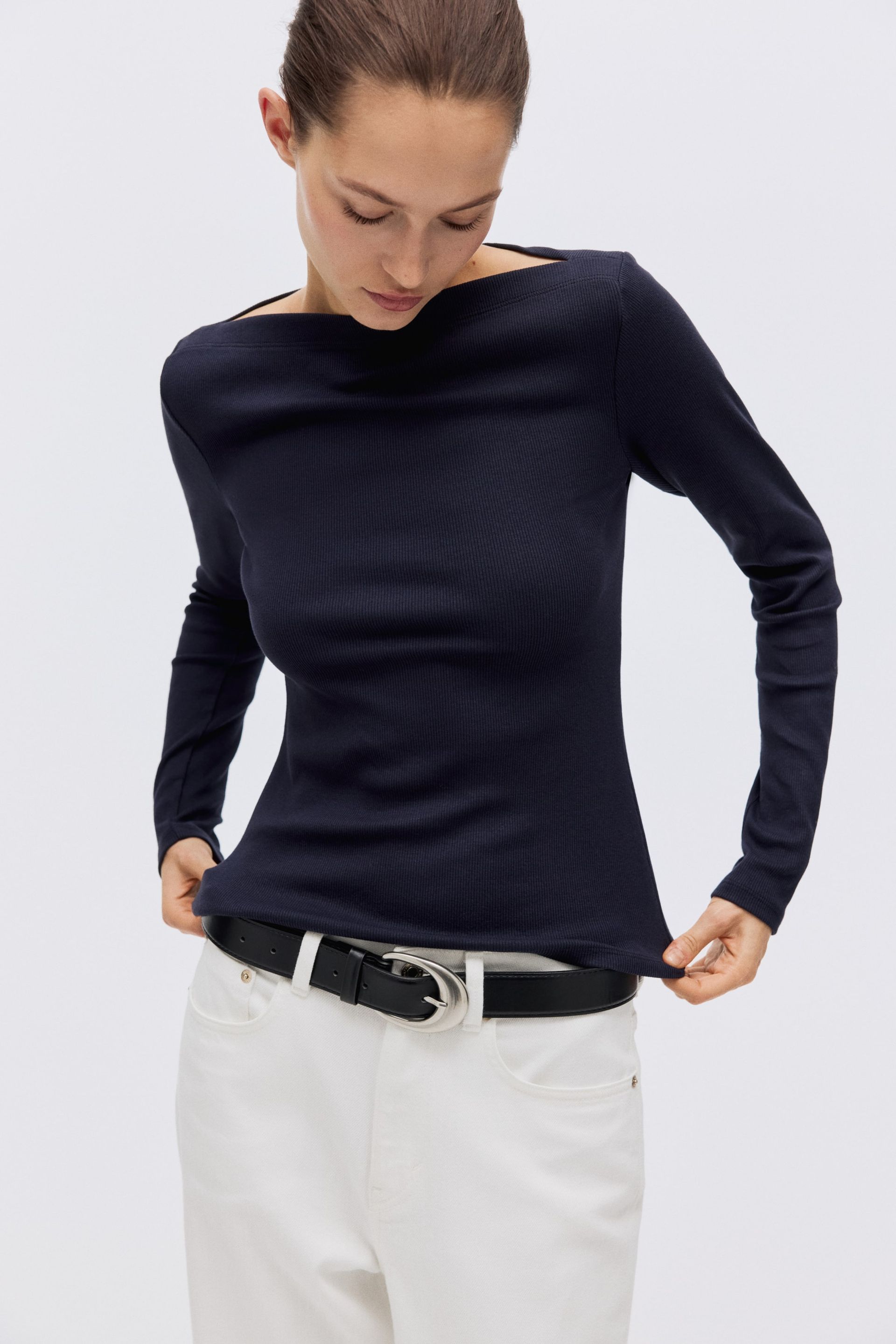Ribbed Boat-Neck Top - Navy Blue