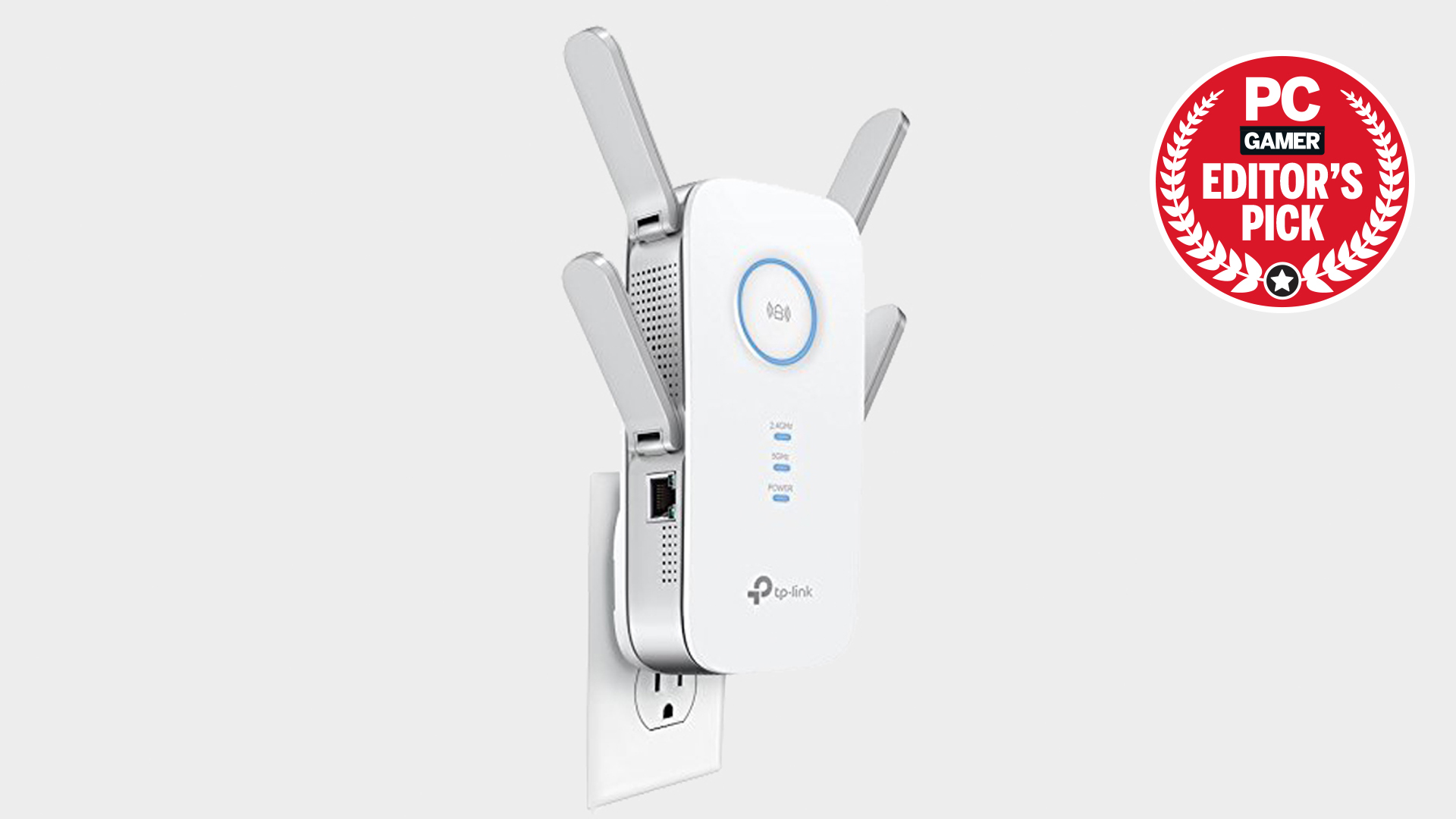 Image of the TP-Link MU-MIMO Range Extender RE650 on a grey background.
