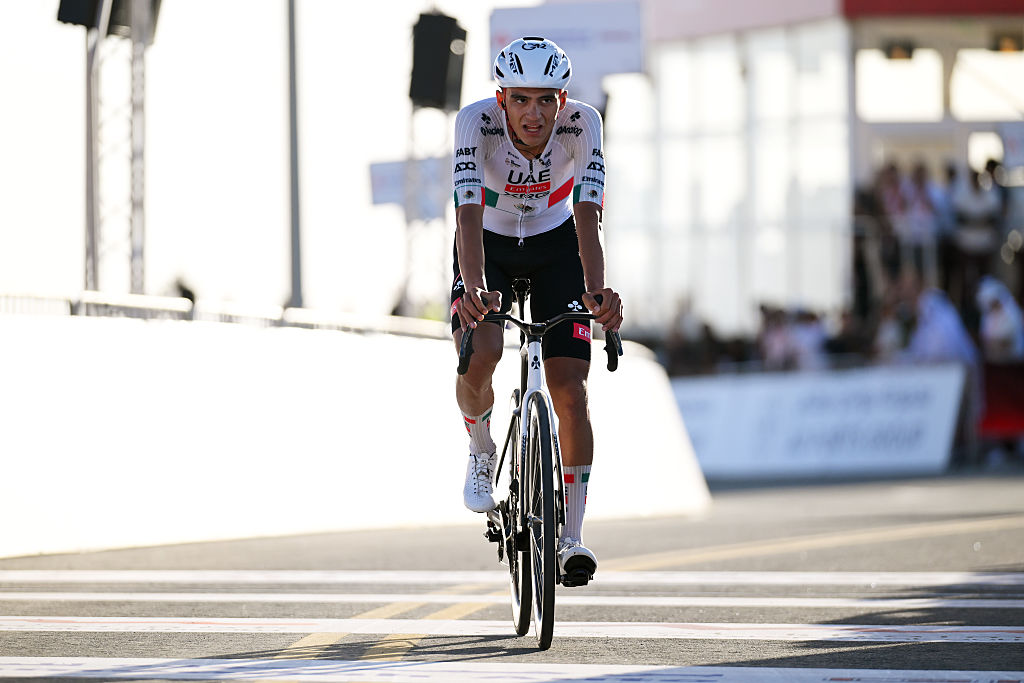 JEBEL MOBRAH, UNITED ARAB EMIRATES - FEBRUARY 18: Isaac Del Toro of Mexico and UAE Team Emirates - XRG crosses the finish line as second place winner during the 8th UAE Tour 2026, Stage 3 a 183km stage from Umm al Quwain to Jebel Mobrah 1229m / #UCIWT / on February 18, 2026 in Jebel Mobrah, United Arab Emirates. (Photo by Tim de Waele/Getty Images)