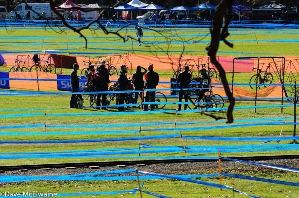 There were miles of blue tape on the course today.