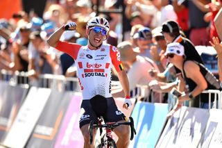 Lotto Soudal's Caleb Ewan enjoys his win at the 2019 Down Under Classic