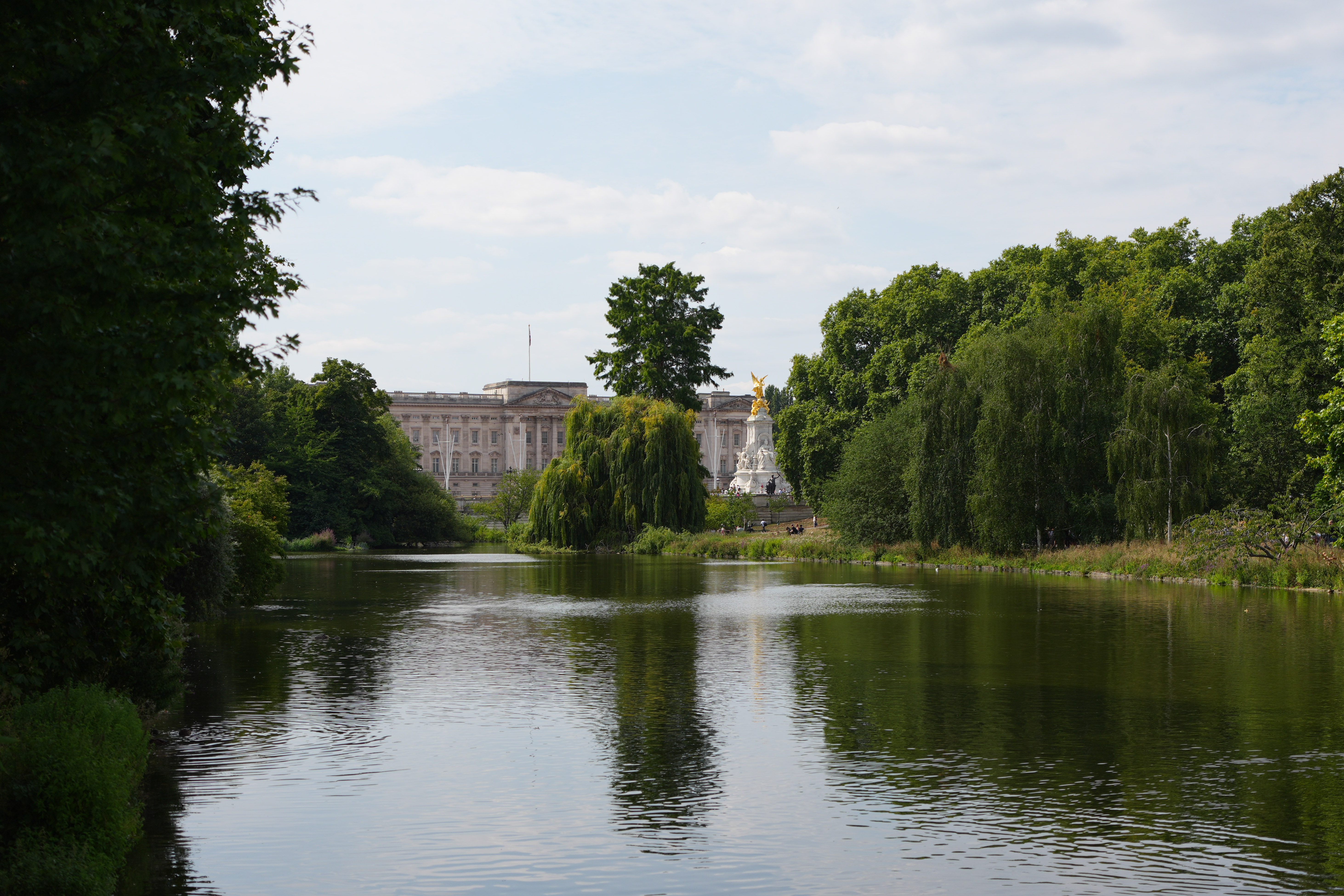 Buckingham Palace seen through some trees and across a lake