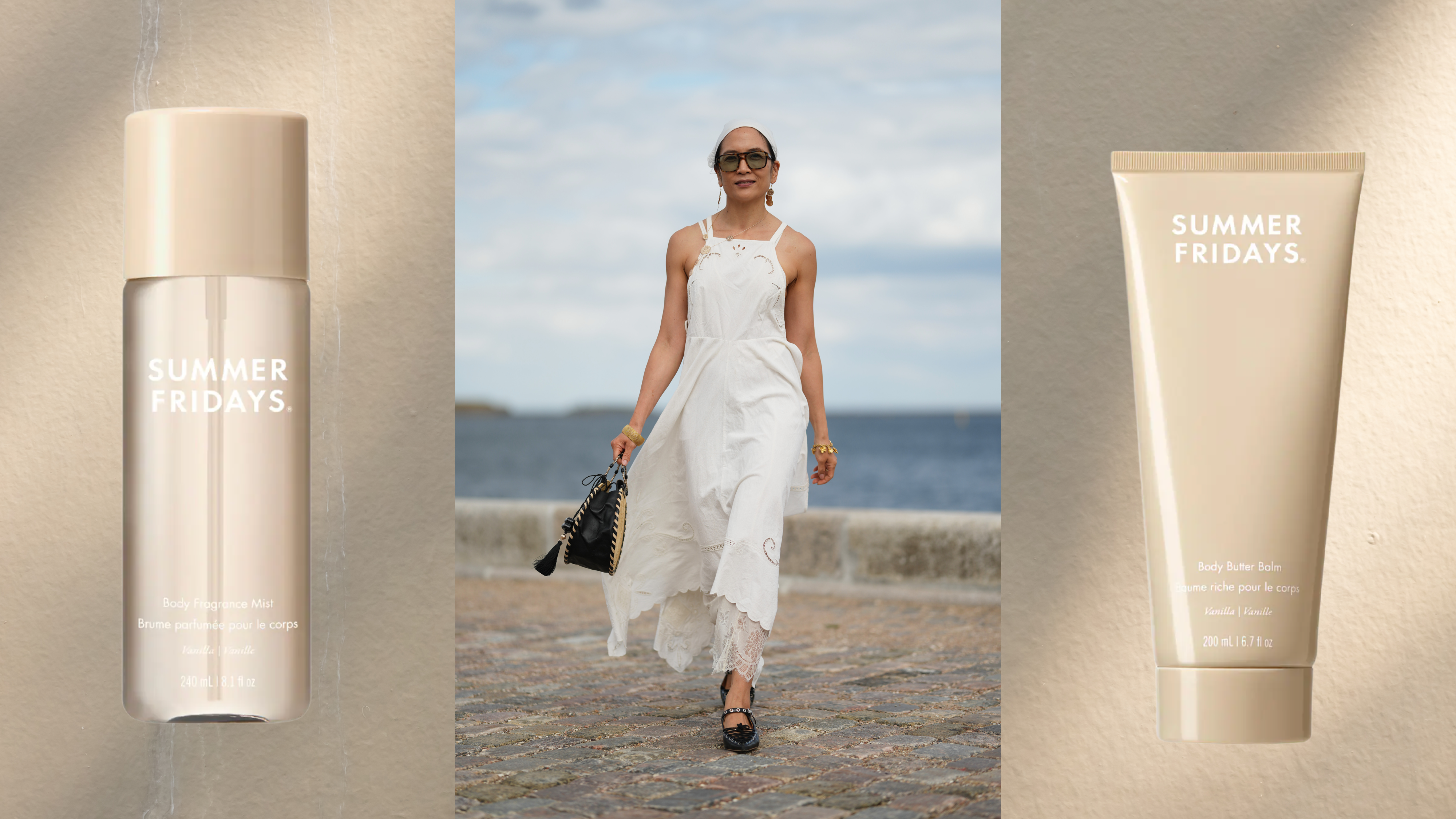 A woman in a white dress, black shoes and and white head scarf holding a black bad. She is flanked by the summer fridays vanilla body collection.