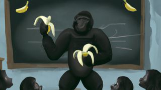Gorilla teaches monkey about bananas in a classroom