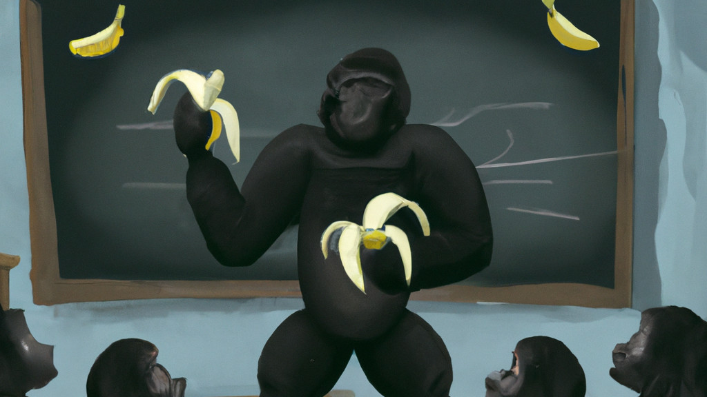 Gorila enseña a mono sobre plátanos en clase