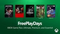 Green Xbox Free Play Days banner showcases five game covers, including Wuchang, Darkwood, SpiritTea, and Everspace 2, with Game Pass access details.