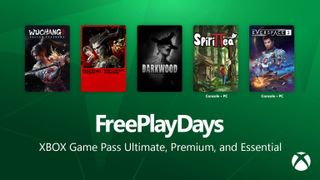 Green Xbox Free Play Days banner showcases five game covers, including Wuchang, Darkwood, SpiritTea, and Everspace 2, with Game Pass access details.