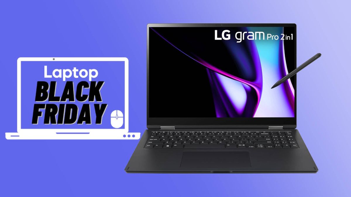 LG Gram Pro 16 2-in-1 with stylus against blue gradient background