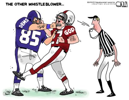 Political Cartoon U.S. GOP Dems Impeachment Trump Football Whistleblower