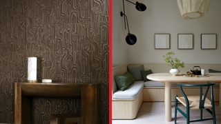 a textured wallpaper on the left, a calm neutral dining room, right