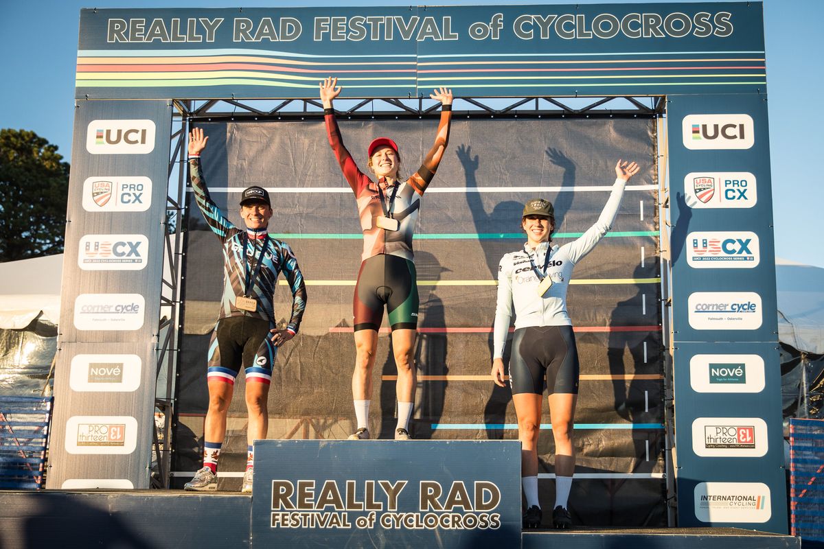 The women&#039;s elite podium on day 1 of the Really Rad Festival of Cyclocross 2023, with Maghalie Rochette (Canyon Collective) first, Caroline Mani (Groove Off-Road Racing) second and Sidney McGill (Cervélo/OrangeLiving) third