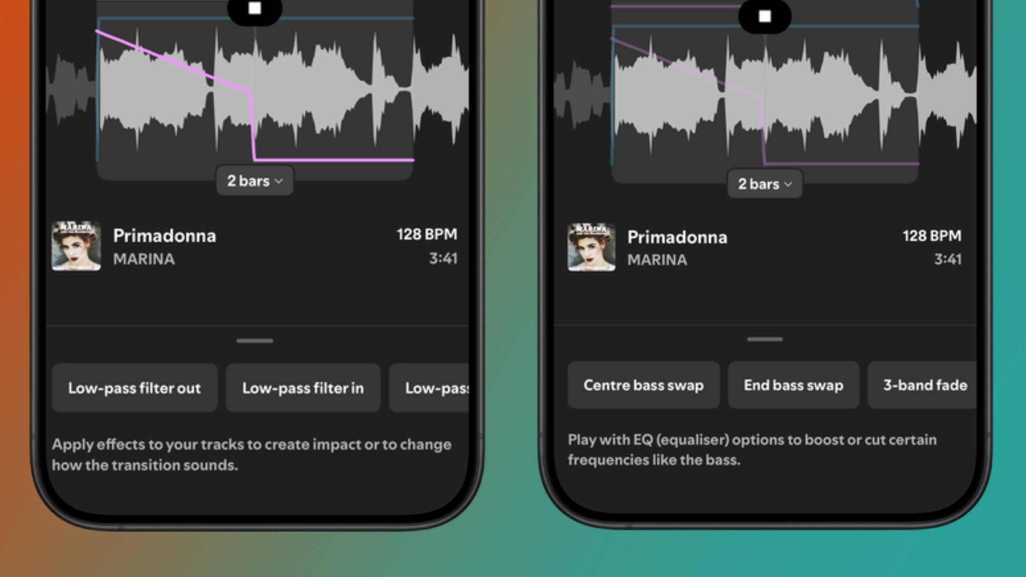 Two iPhones showing the EQ and Effects settings in the Spotify Mix feature