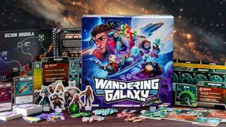 Wandering Galaxy box and components against a starry background